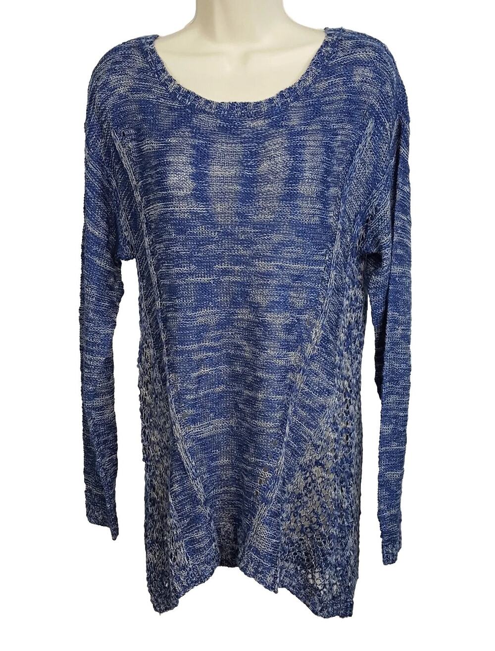 GNW Womens L Tunic Sweater Blue White Knit Long Sleeve High Low Hem New
